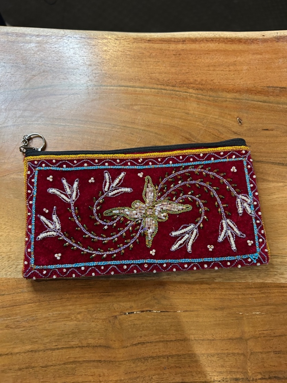 Embroidered Red Velvet Zip Wristlet Pouch